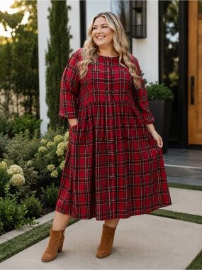 3XLarge Ella Simone Women Plaid Cotton Longsleeve Midi Dress